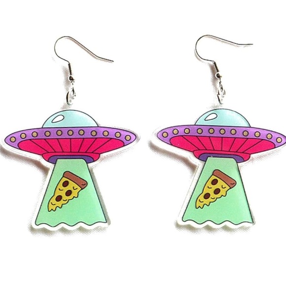 UFO 'They're Only Here For Pizza' Earrings - Dangle Cosplay Halloween Style - Picture 2 of 8